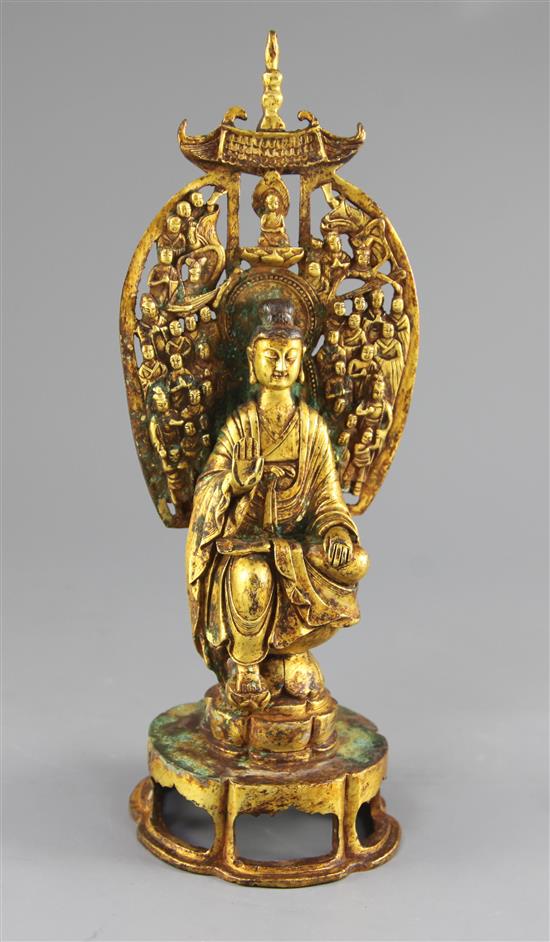 A Chinese gilt bronze seated figure of a Bodhisattva, Han dynasty style, height 31.5cm